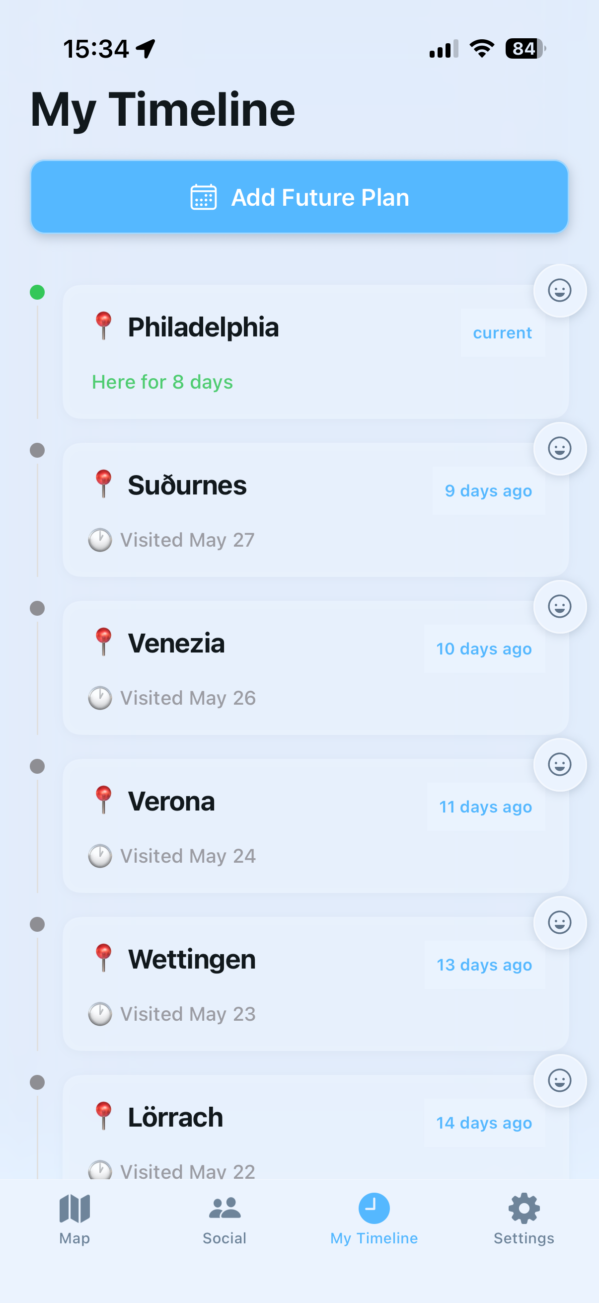 Citylap timeline — a private log of every city you've visited